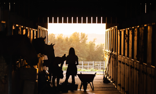 A silhouette of a family working in a barn